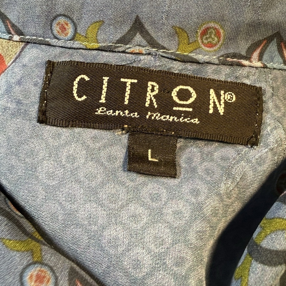 Citron Santa Monica 100% Silk Crane Print Blouse Top Sz L Denim Blue and Black - Picture 13 of 14